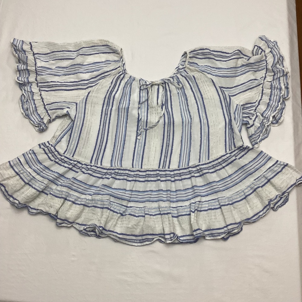 EST. 1946 Womens Top XL Blue Striped Ruffle Sleeve Peplum Tie Neck Blouse